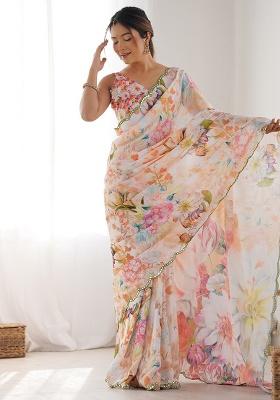 Peach Mirror Work Silk Saree Set