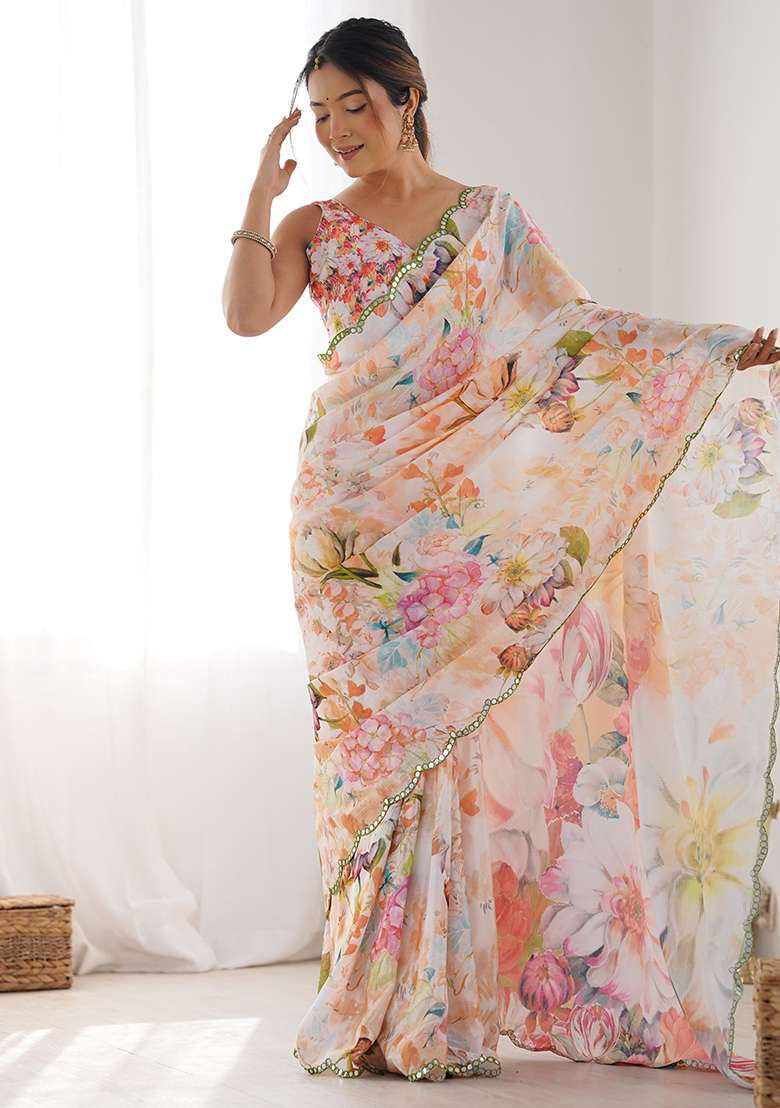 Peach Mirror Work Chinon Blend Saree Set for Diwali and Festive Wear - Indya
