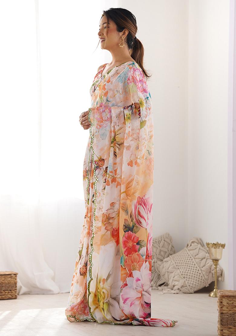 Peach Mirror Work Silk Saree Set - Indya