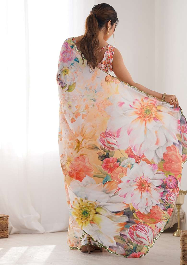 Peach Mirror Work Chinon Blend Saree Set for Diwali and Festive Wear - Indya