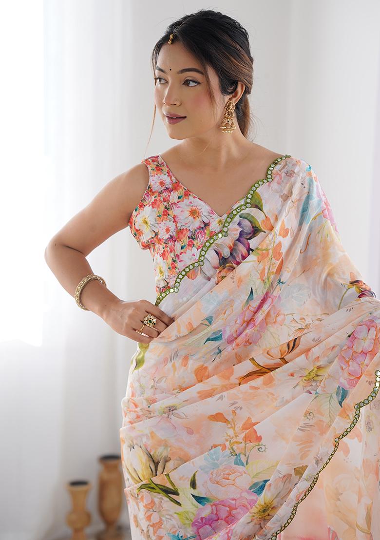 Peach Mirror Work Silk Saree Set - Indya