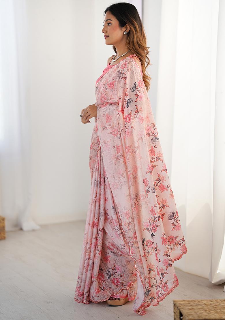 Light Pink Mirror Work Silk Saree Set - Indya