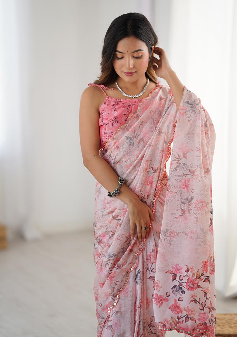 Light Pink Mirror Work Silk Saree Set - Indya