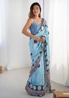 Sky Blue Mirror Work Silk Saree Set