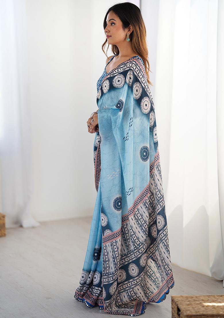 Sky Blue Mirror Work Silk Saree Set - Indya