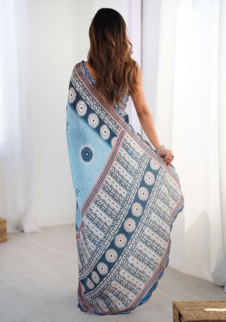 Sky Blue Chinon Blend Saree Set with Mirror Work for Diwali | Wedding & Festive Wear - Indya