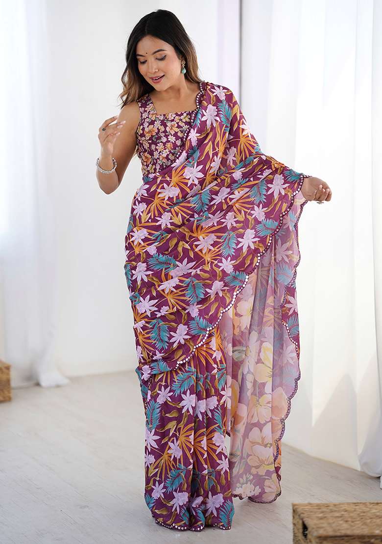 Wine Mirror Work Chinon Blend Saree Set for Diwali and Festive Wear - Indya