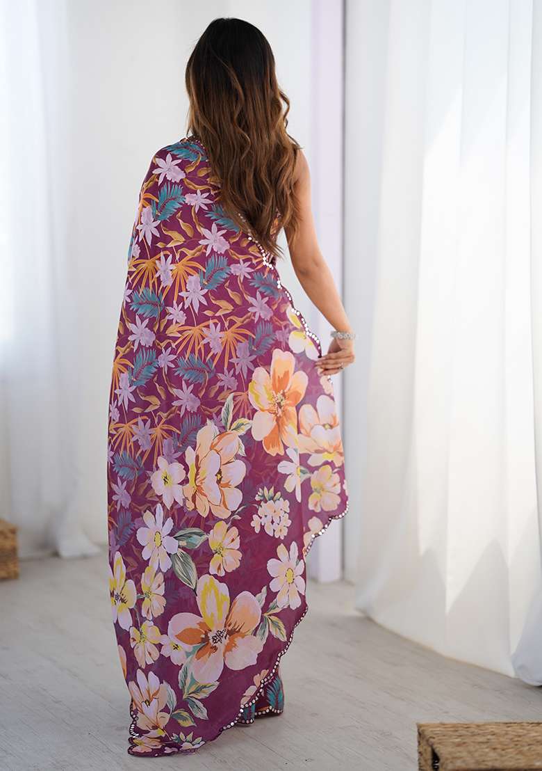 Wine Mirror Work Chinon Blend Saree Set for Diwali and Festive Wear - Indya
