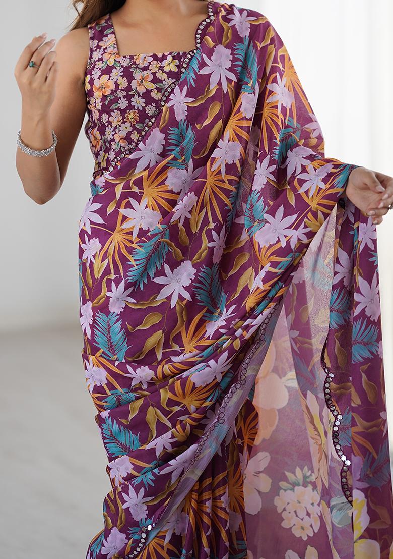 Wine Mirror Work Silk Saree Set - Indya