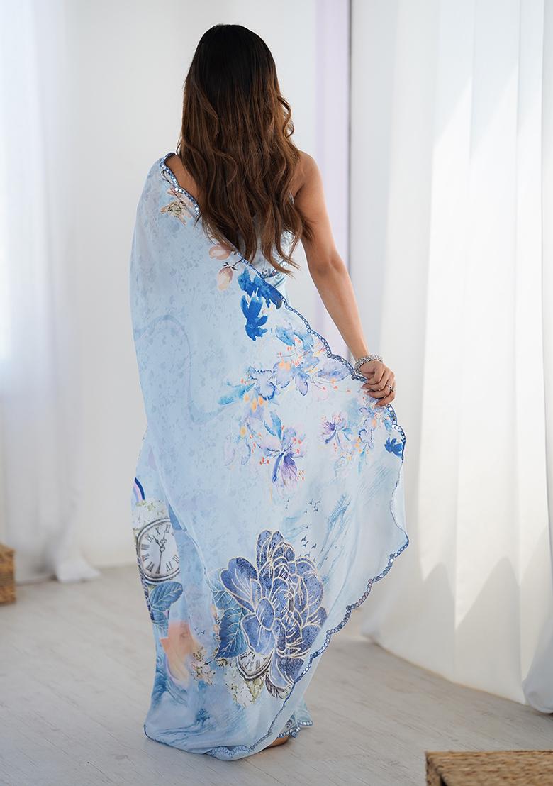 Sky Blue Mirror Work Silk Saree Set - Indya