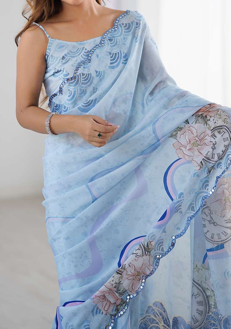 Sky Blue Chinon Blend Saree Set with Mirror Work for Diwali | Wedding & Festive Wear - Indya