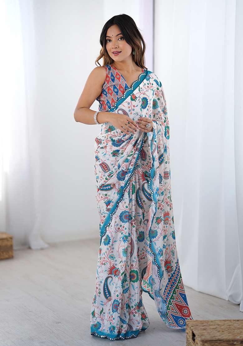 White Mirror Work Chinon Blend Saree Set for Diwali and Festive Wear - Indya