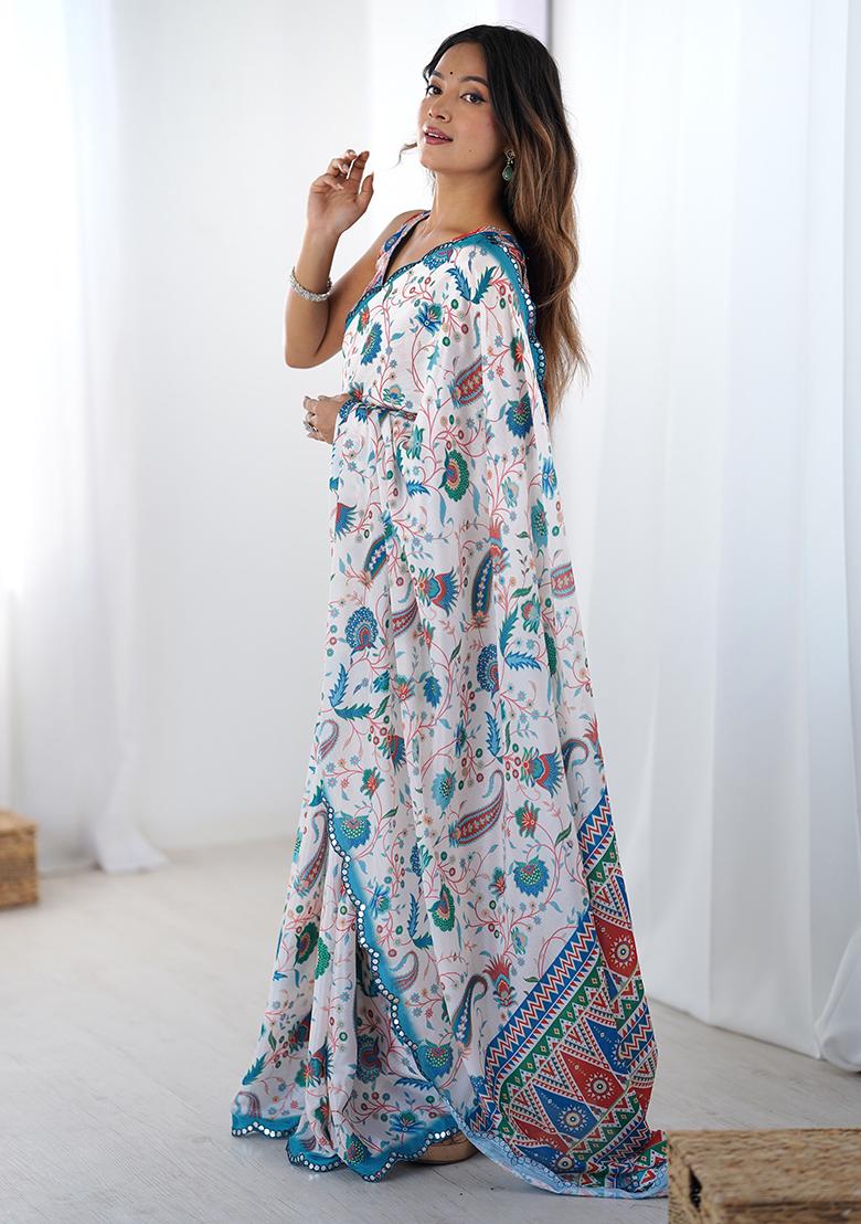 White Mirror Work Silk Saree Set - Indya