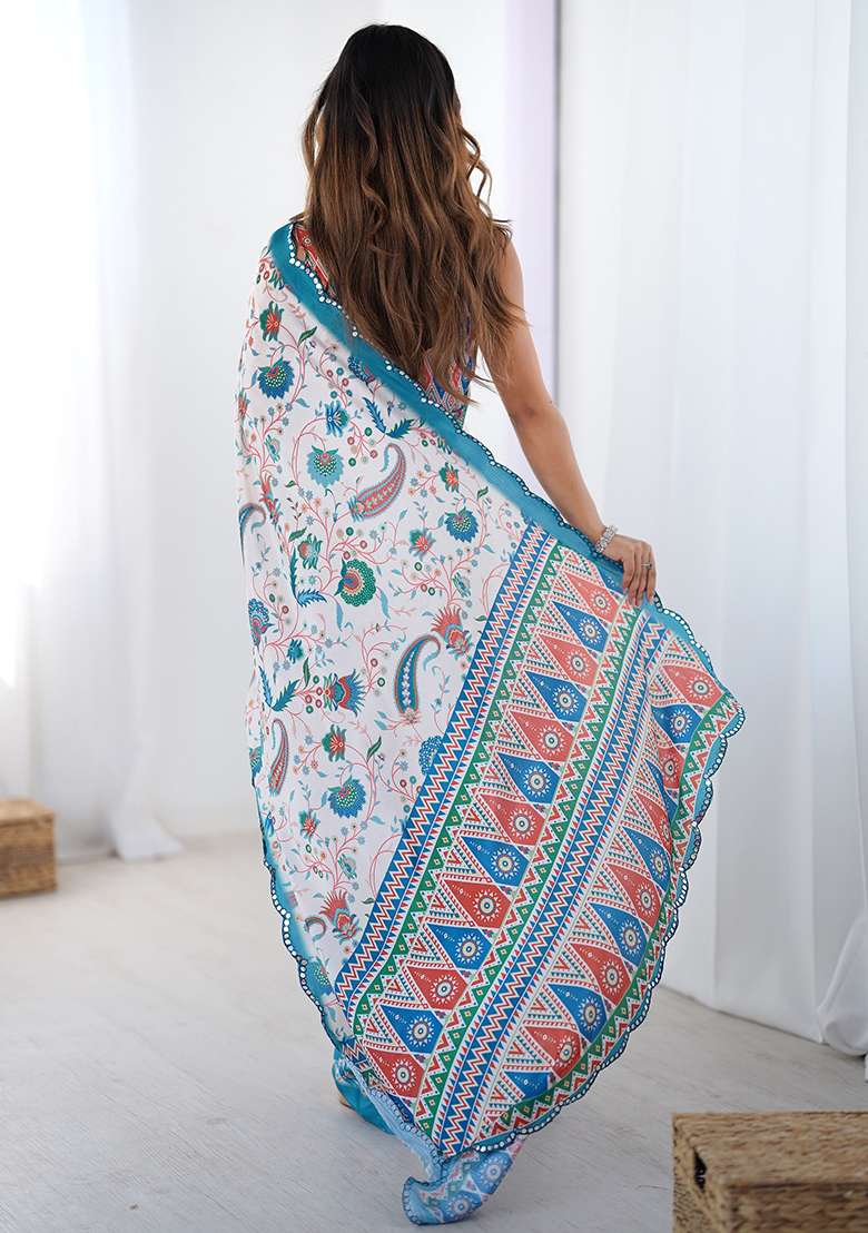 White Mirror Work Chinon Blend Saree Set for Diwali and Festive Wear - Indya