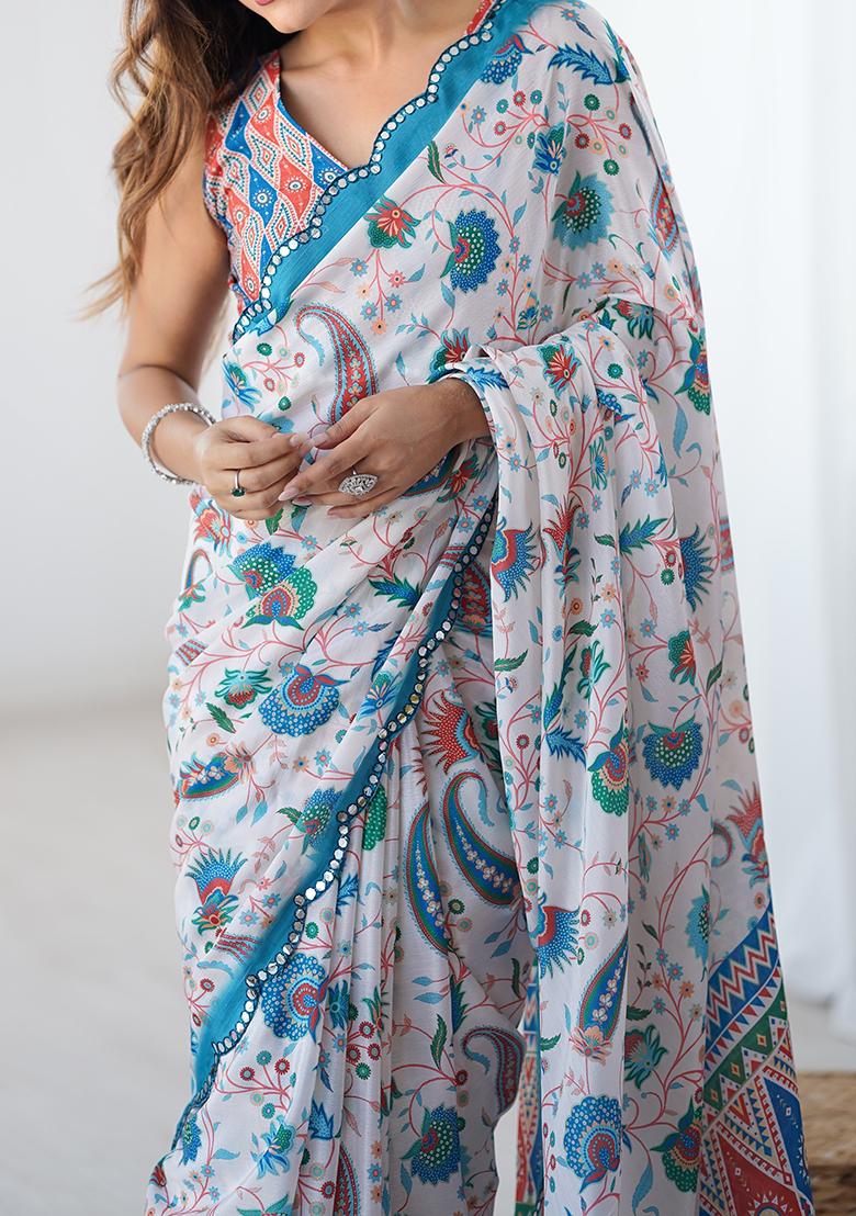 White Mirror Work Silk Saree Set - Indya