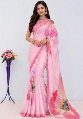 Baby Pink Mirror Work Silk Saree Set