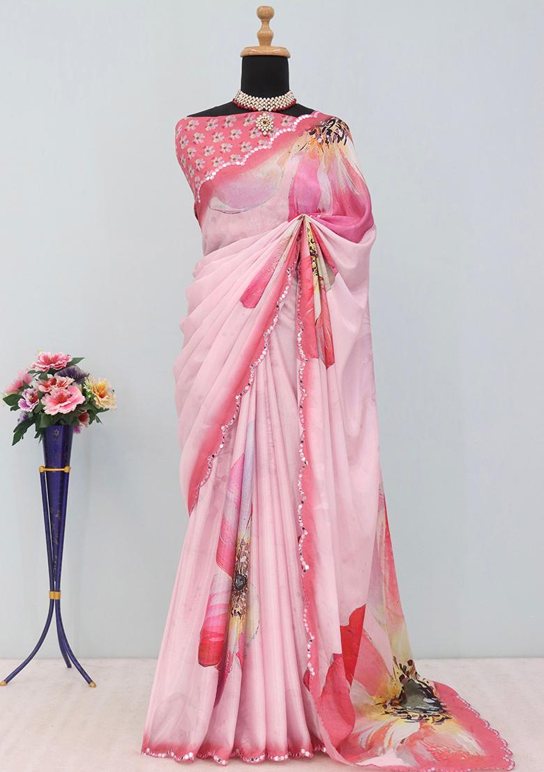 Baby Pink Mirror Work Silk Saree Set - Indya