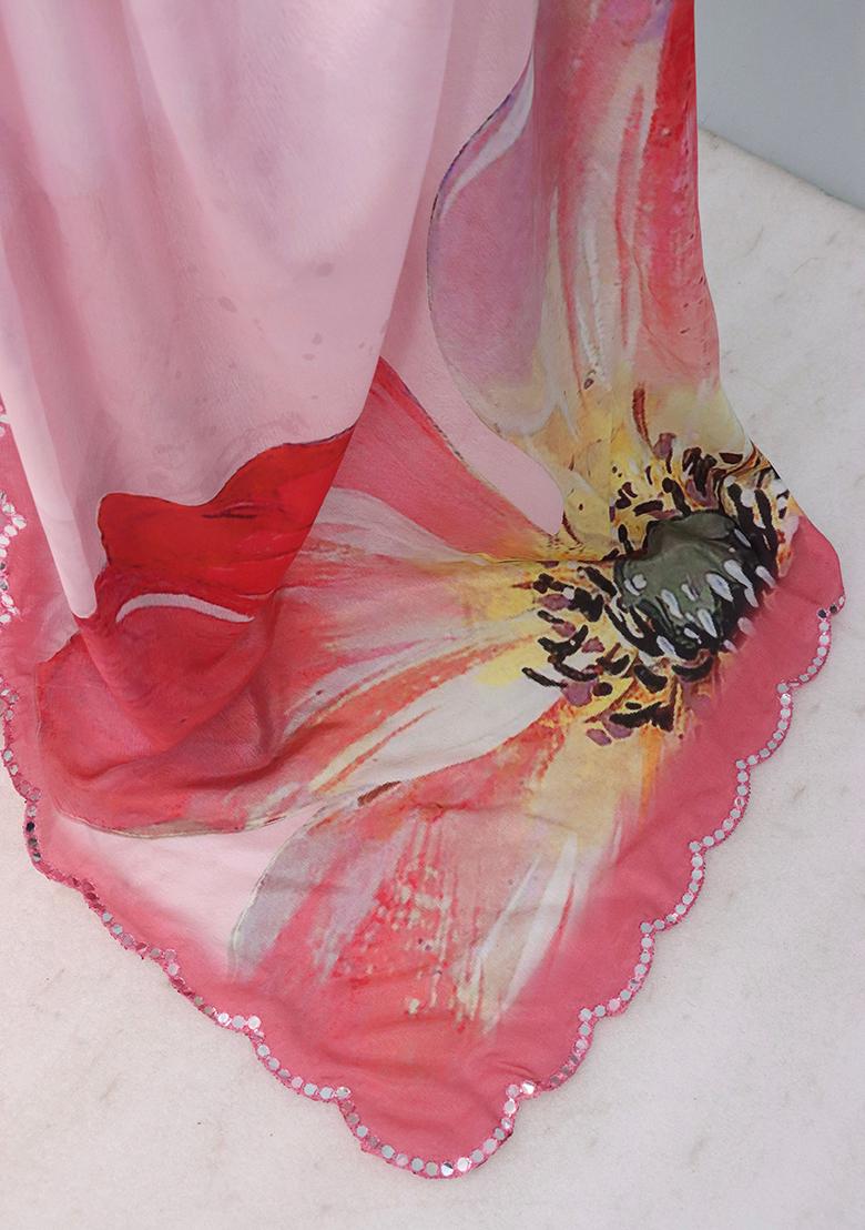 Baby Pink Mirror Work Silk Saree Set - Indya