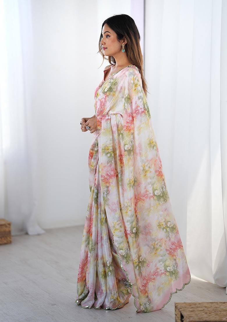 Multicolor Mirror Work Silk Saree Set - Indya