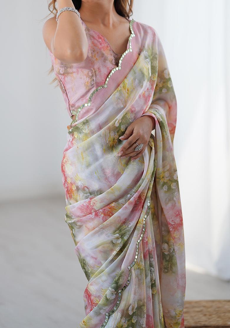 Multicolor Mirror Work Silk Saree Set - Indya