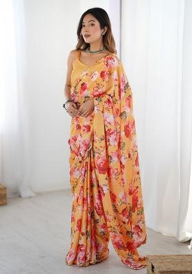 Mustard Yellow Mirror Work Silk Saree Set