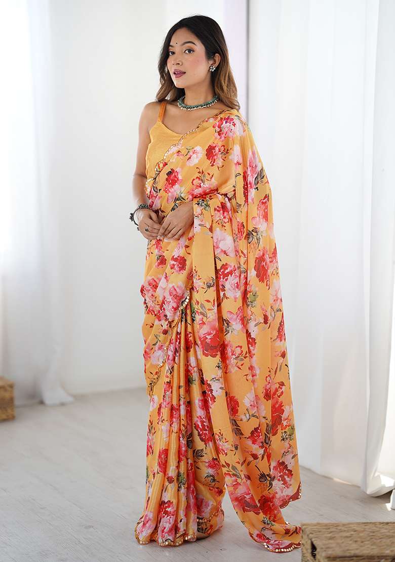 Mustard Yellow Mirror Work Chinon Blend Saree Set for Diwali and Festive Wear - Indya