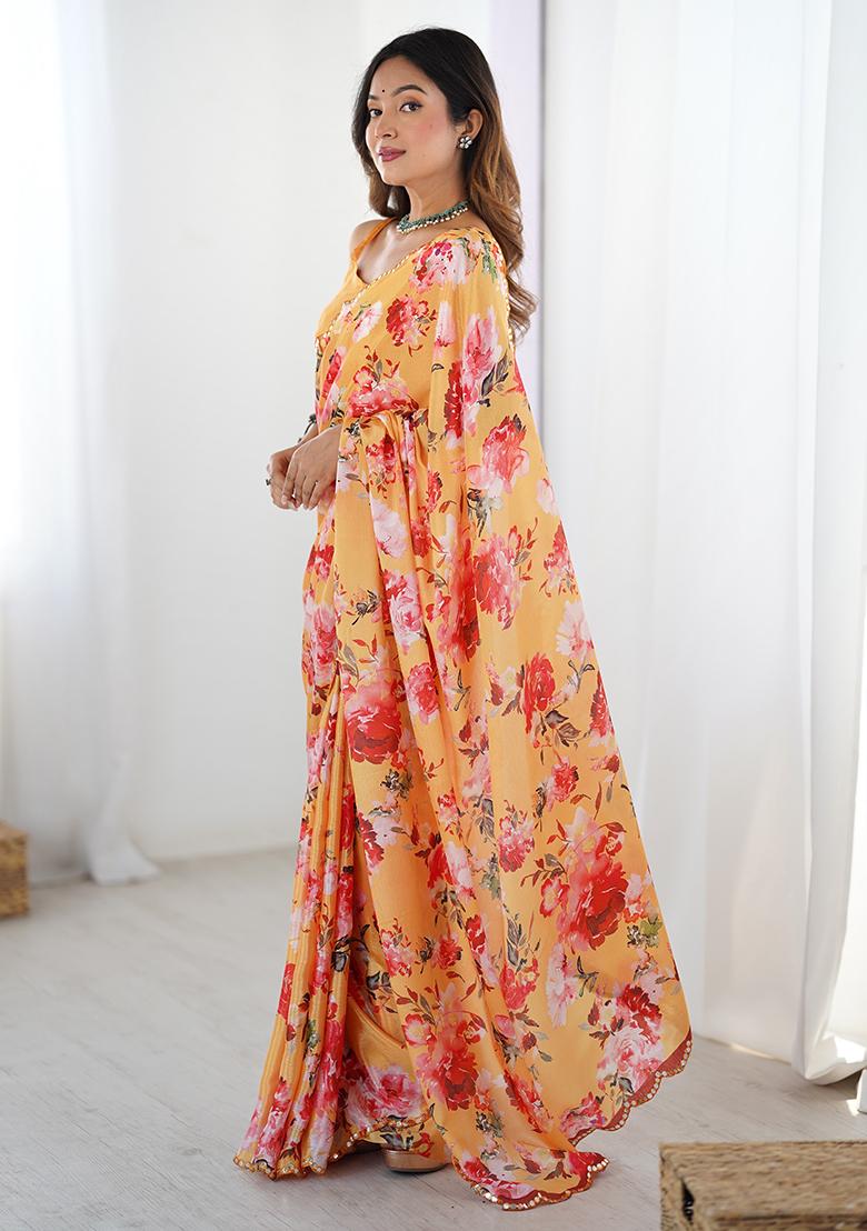 Mustard Yellow Mirror Work Silk Saree Set - Indya