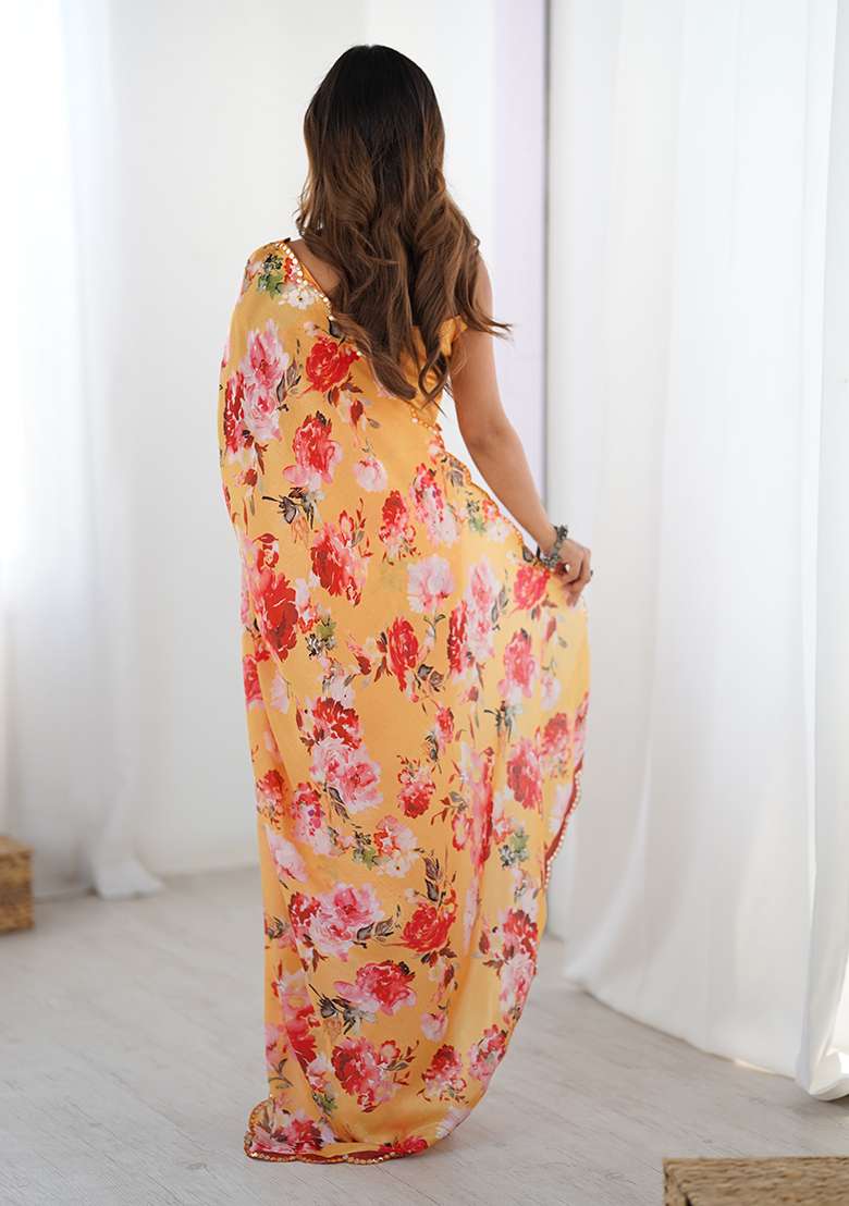 Mustard Yellow Mirror Work Chinon Blend Saree Set for Diwali and Festive Wear - Indya