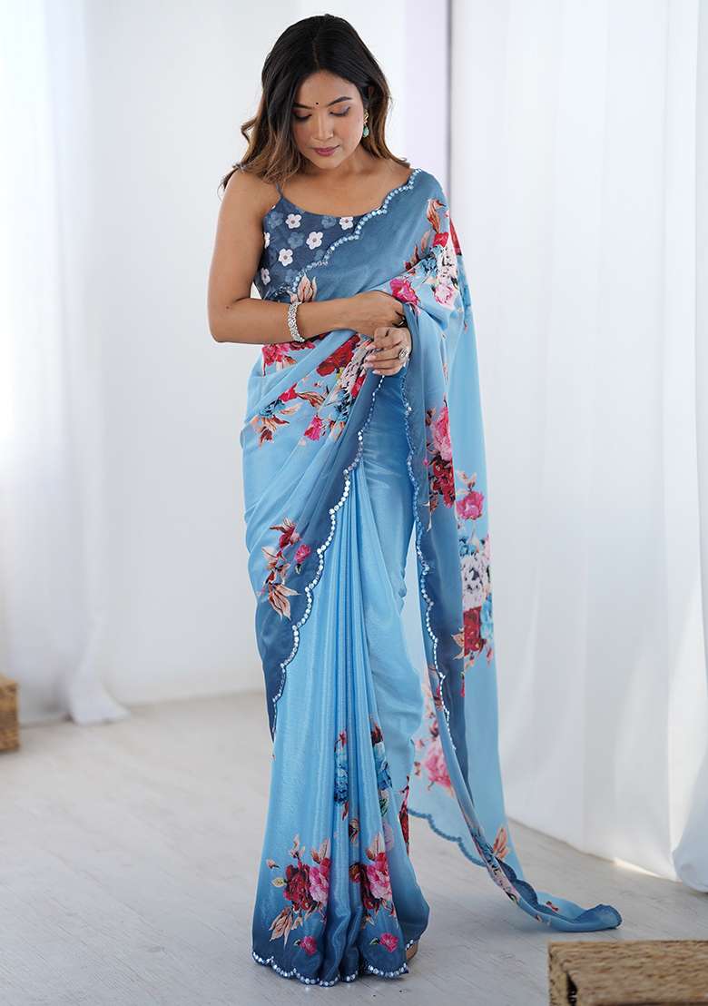 Sky Blue Mirror Work Chinon Blend Saree Set for Diwali and Festive Wear - Indya