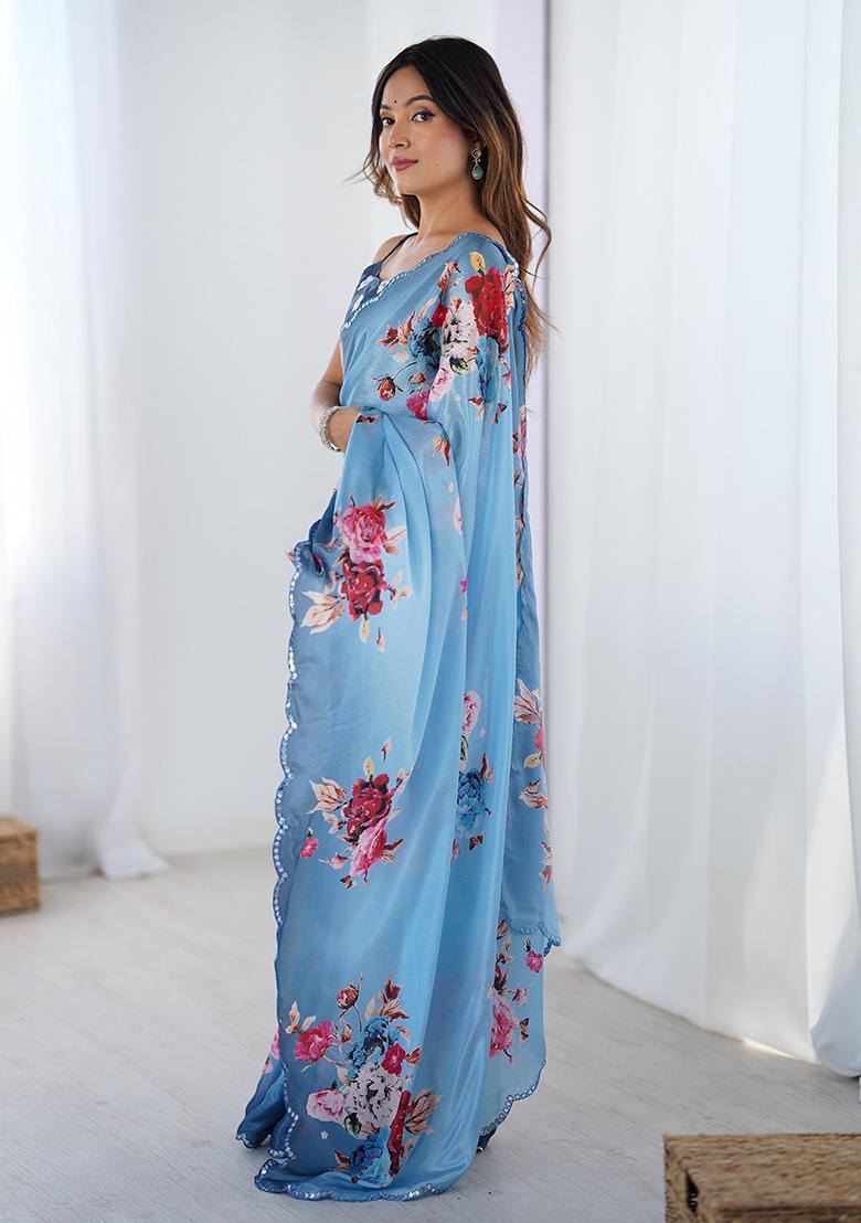 Sky Blue Mirror Work Silk Saree Set - Indya