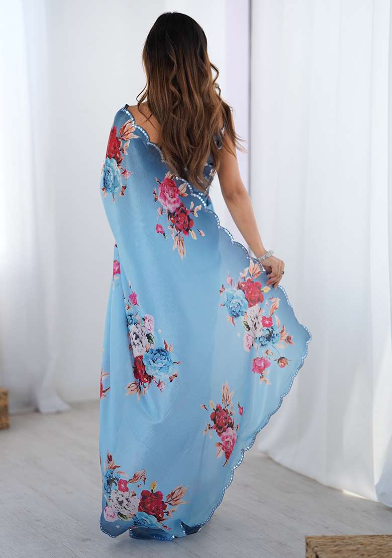 Sky Blue Mirror Work Chinon Blend Saree Set for Diwali and Festive Wear - Indya
