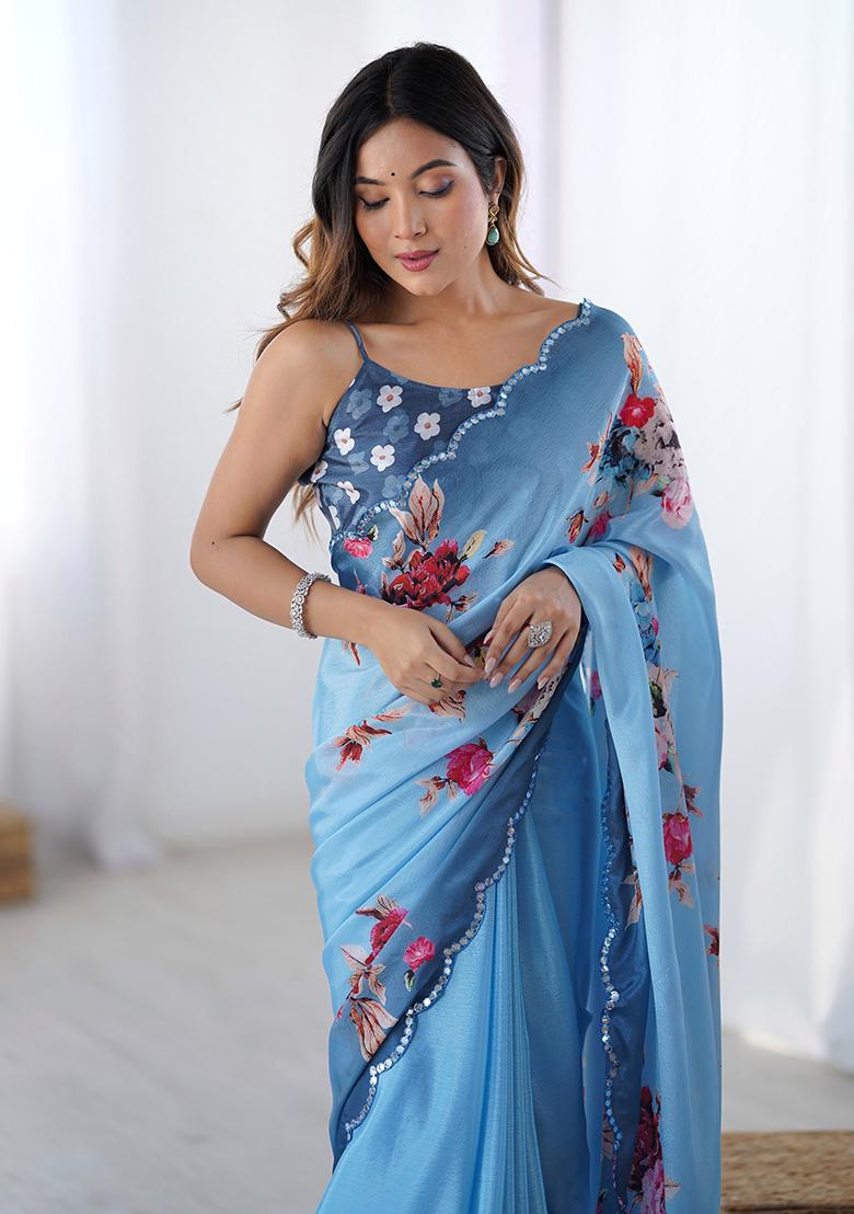Sky Blue Mirror Work Silk Saree Set - Indya