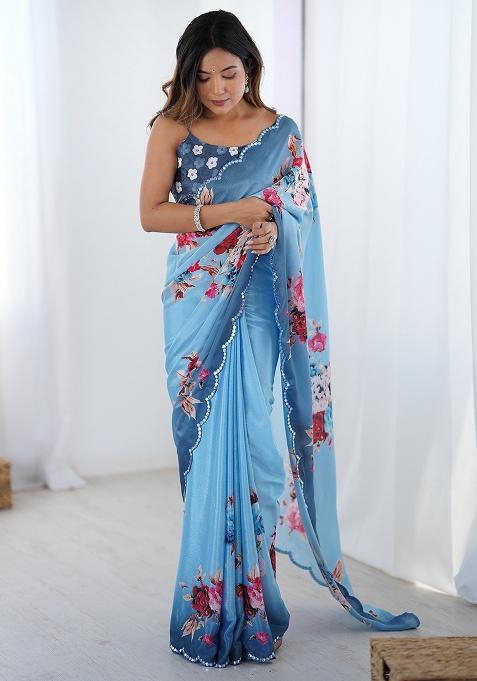Sky Blue Mirror Work Silk Saree Set