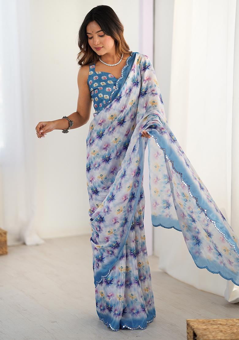 Grey Mirror Work Silk Saree Set - Indya