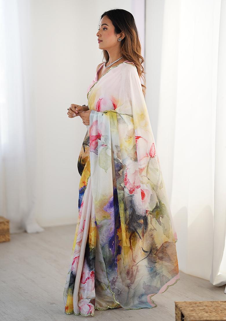 Off White Mirror Work Silk Saree Set - Indya