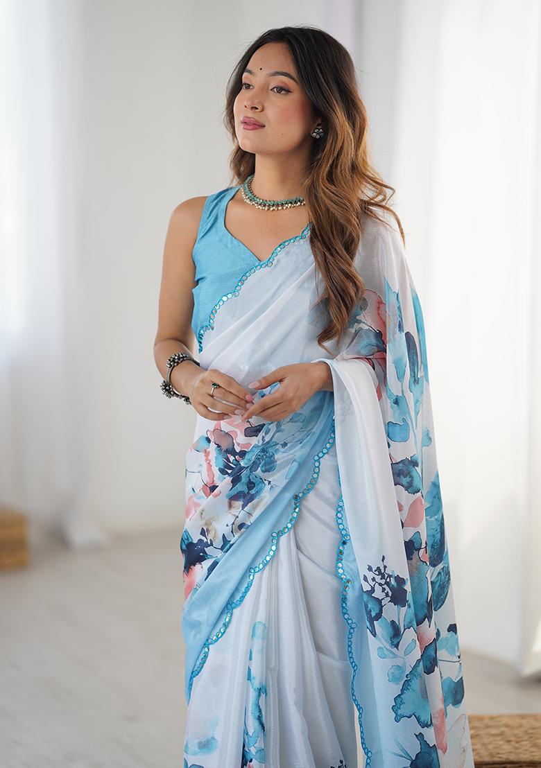 White Mirror Work Silk Saree Set - Indya