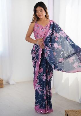 Navy Blue Mirror Work Silk Saree Set