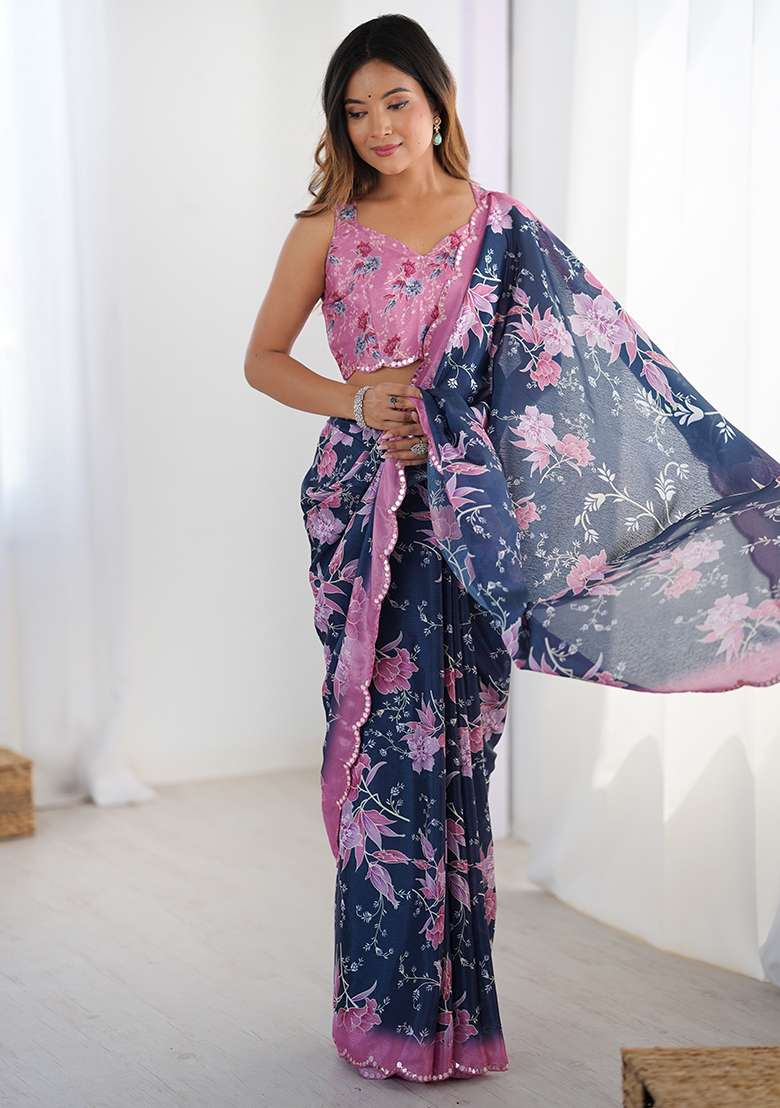 Navy Blue Chinon Blend Saree Set with Mirror Work for Diwali | Wedding & Festive Wear - Indya