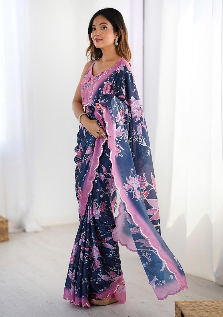 Navy Blue Mirror Work Silk Saree Set - Indya