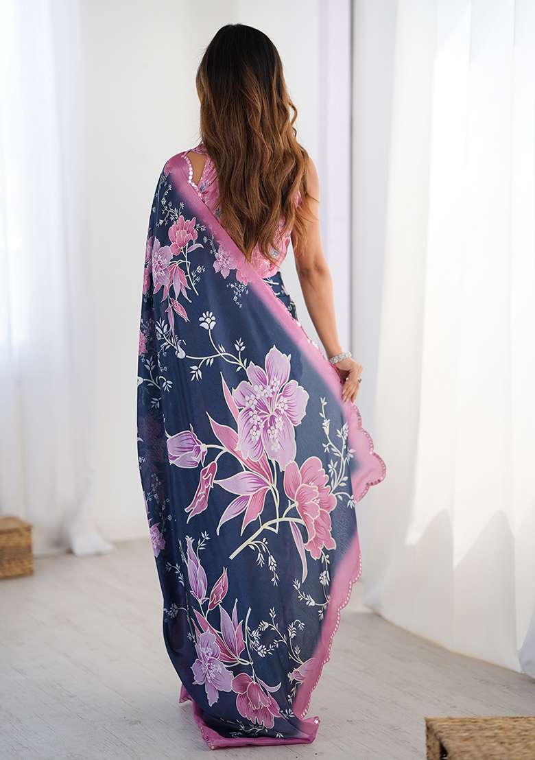 Navy Blue Chinon Blend Saree Set with Mirror Work for Diwali | Wedding & Festive Wear - Indya