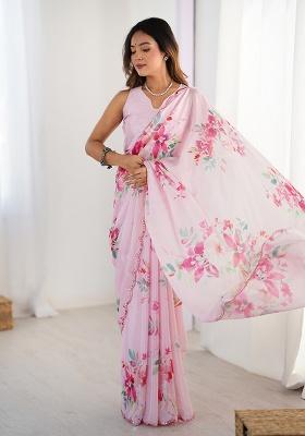 Light Pink Mirror Work Silk Saree Set