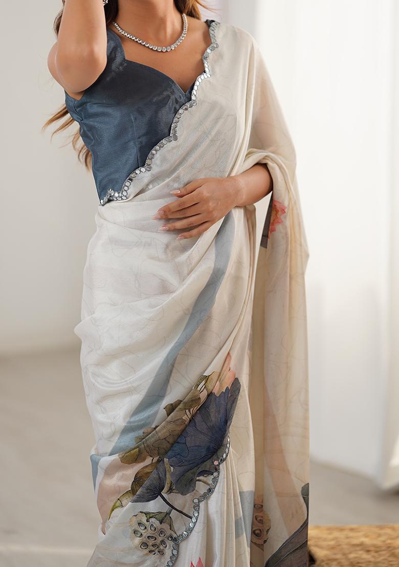 Off White Mirror Work Silk Saree Set - Indya