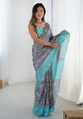 Grey Mirror Work Silk Saree Set