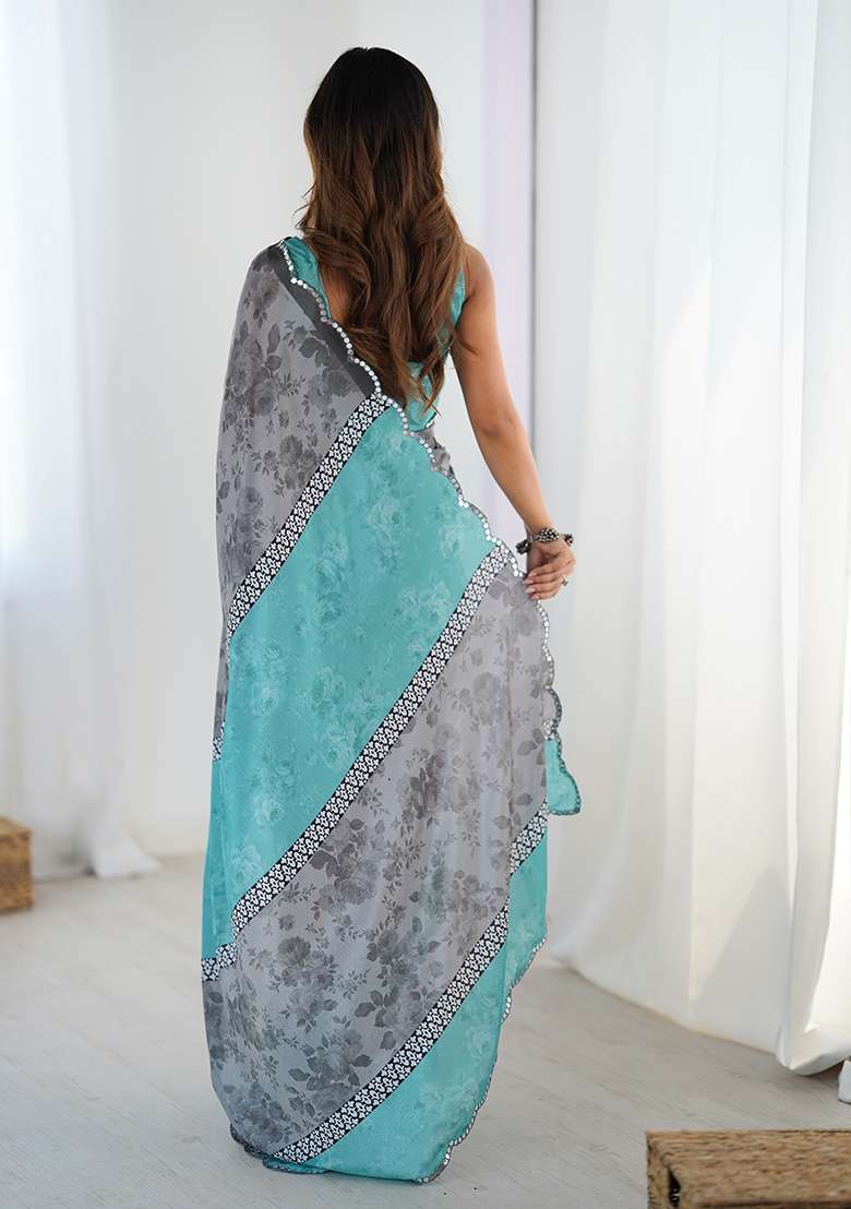 Grey Chinon Blend Saree Set with Mirror Work for Diwali | Wedding & Festive Wear - Indya