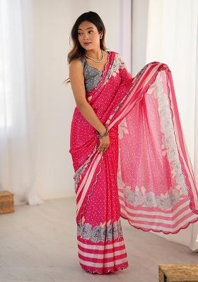 Rani Pink Mirror Work Silk Saree Set
