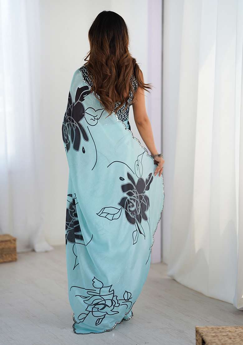 Sky Blue Chinon Blend Saree Set with Mirror Work for Diwali | Wedding & Festive Wear - Indya