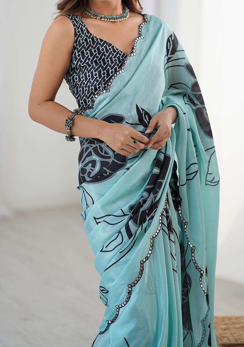 Sky Blue Mirror Work Silk Saree Set - Indya