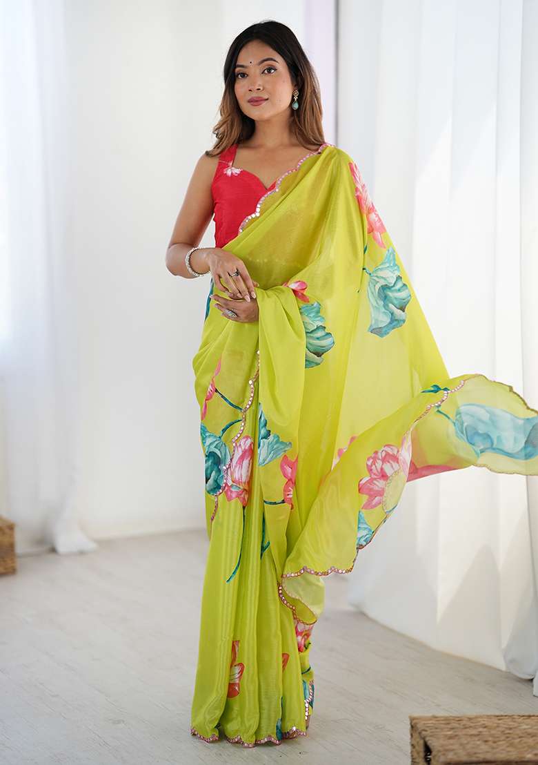 Lime Green Chinon Blend Saree Set with Mirror Work for Diwali | Wedding & Festive Wear - Indya