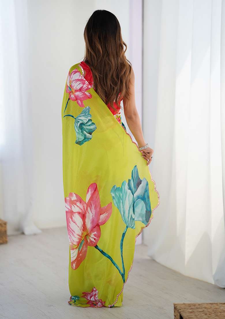 Lime Green Chinon Blend Saree Set with Mirror Work for Diwali | Wedding & Festive Wear - Indya