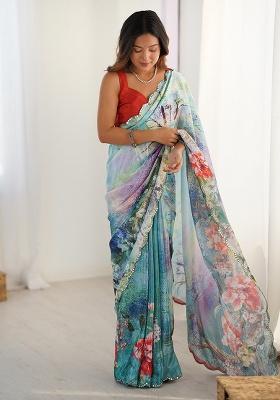 Multicolor Mirror Work Silk Saree Set